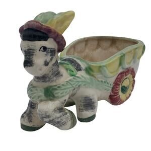 Donkey Planter Colorful Ceramic Occupied Japan Mule Burro Wagon Plant Vintage